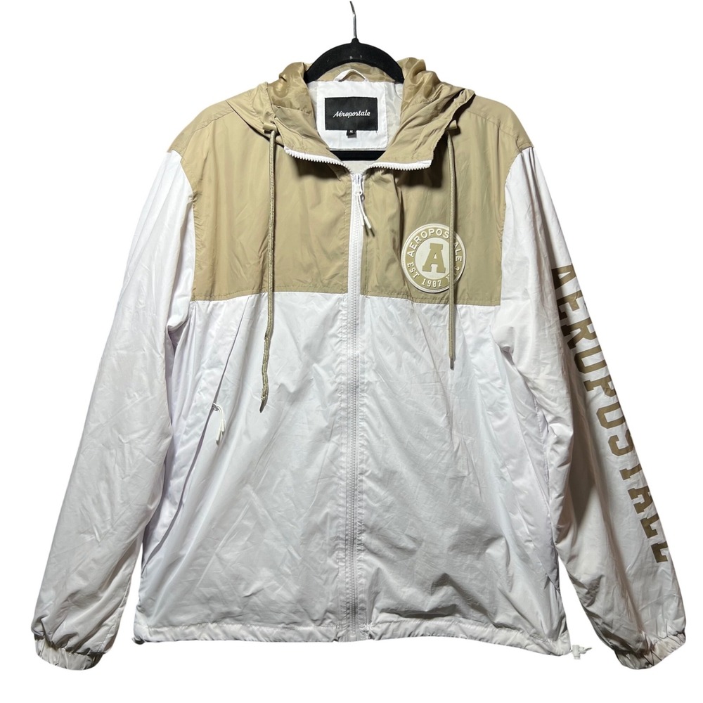 Aeropostale Mens XL White Tan Colorblock Hooded Windbreaker Jacket‎ Full Zip